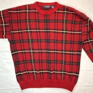 VTG Roundtree & Yorke Red Plaid Sweater Men’s Medium Ramie Cotton Knit  Holiday